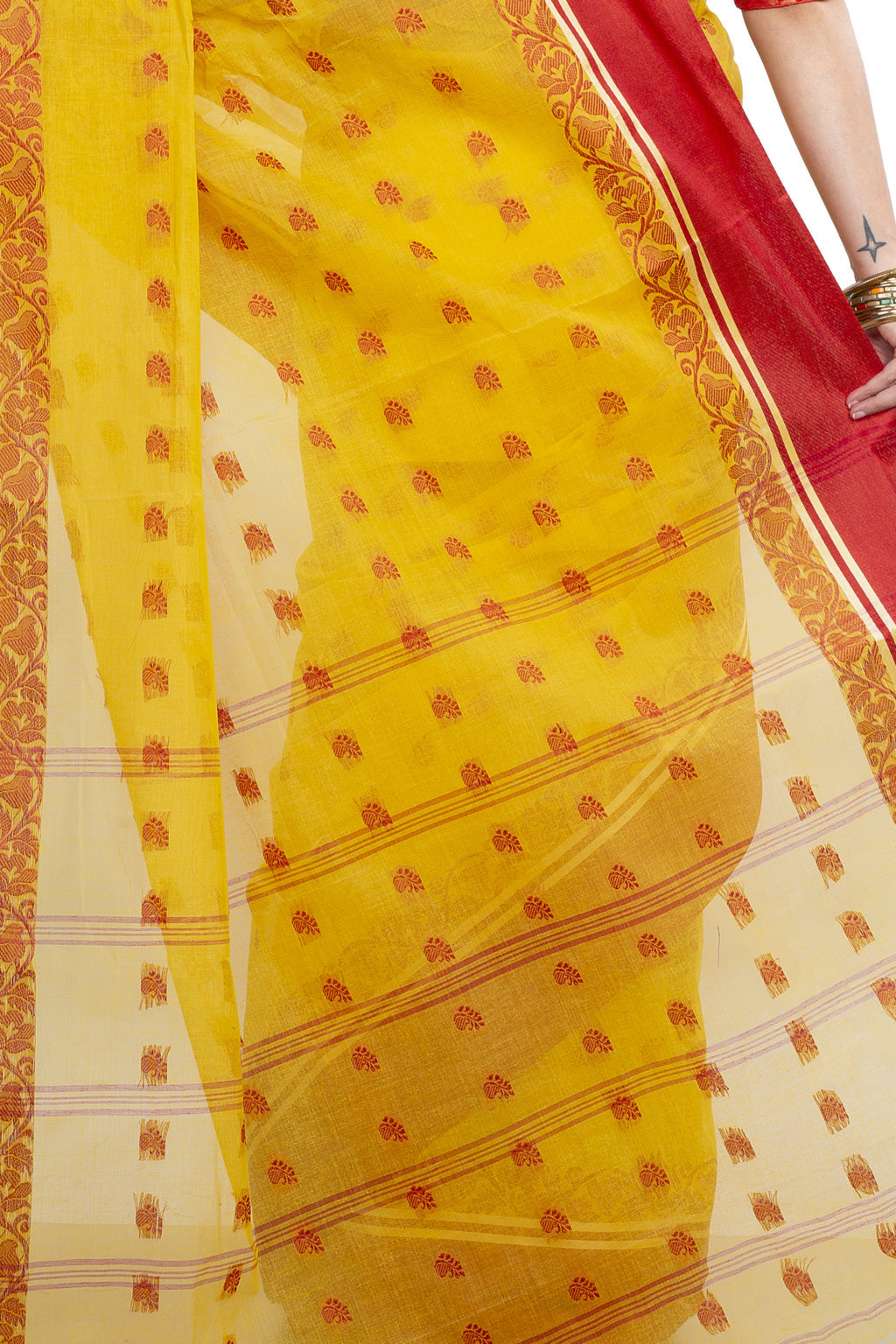 Yellow Red Pure Cotton Sukla_Velvet Tant Saree (801)